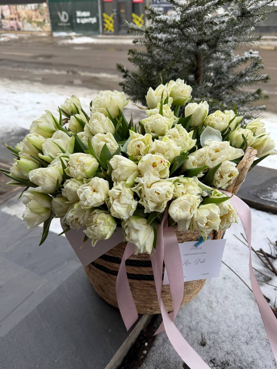 Корзина з білими піоновидними тюльпанами