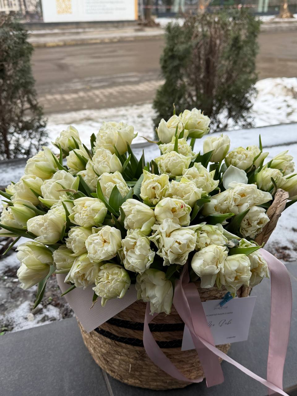 Корзина з білими піоновидними тюльпанами